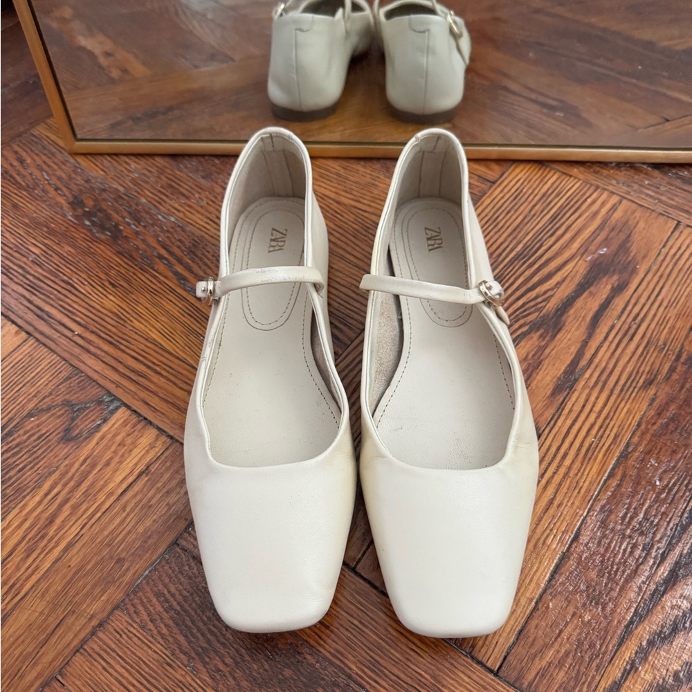 Zara Cream Square-Toe Mary Jane Flats